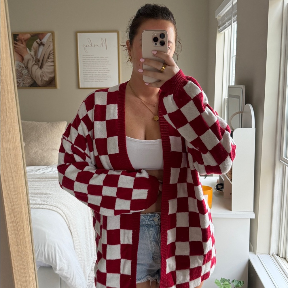 Red and White Checkered Women's Sweater